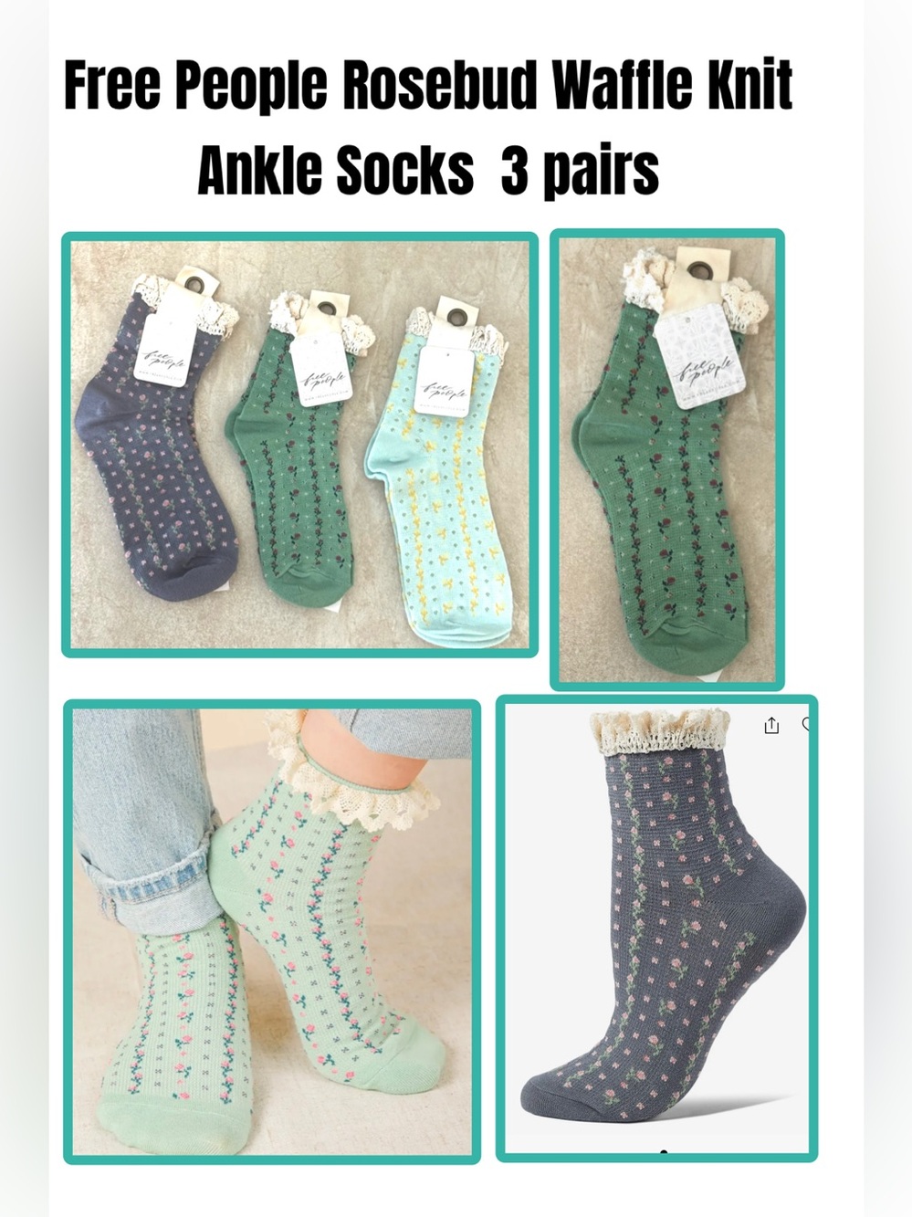 Free People Waffle Knit Ankle Socks -3 pairs